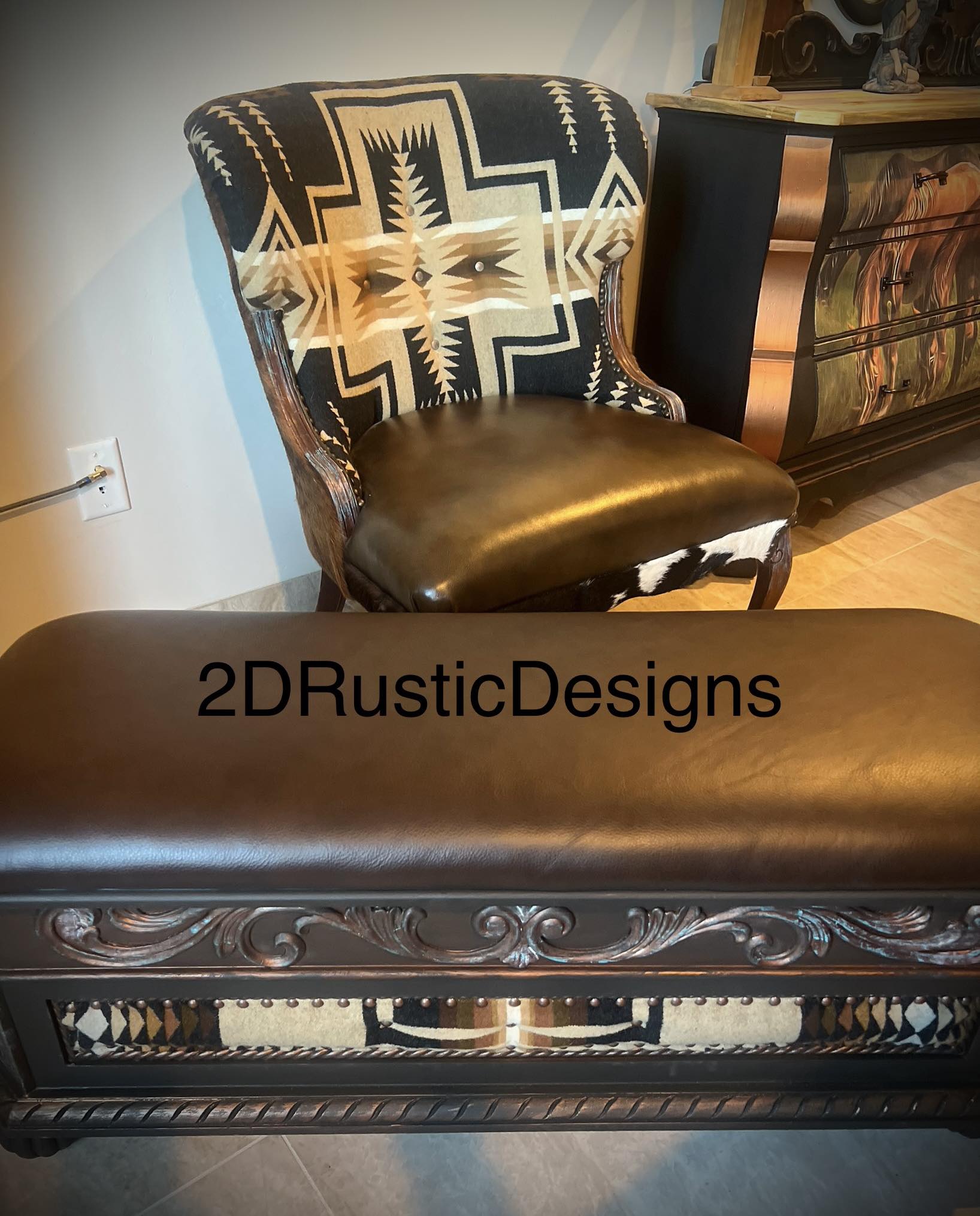 Carved Wood Rustic Western Bedroom Storage Bench