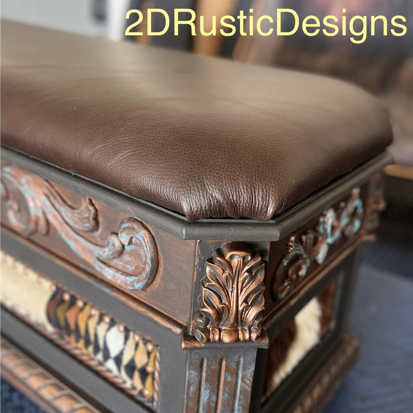Carved Wood Rustic Western Bedroom Storage Bench