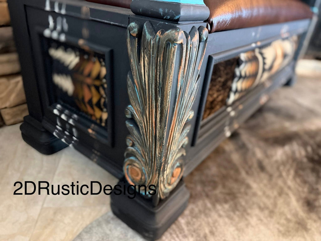 Wooden Rolled Arm Storage Bench Leather Seat