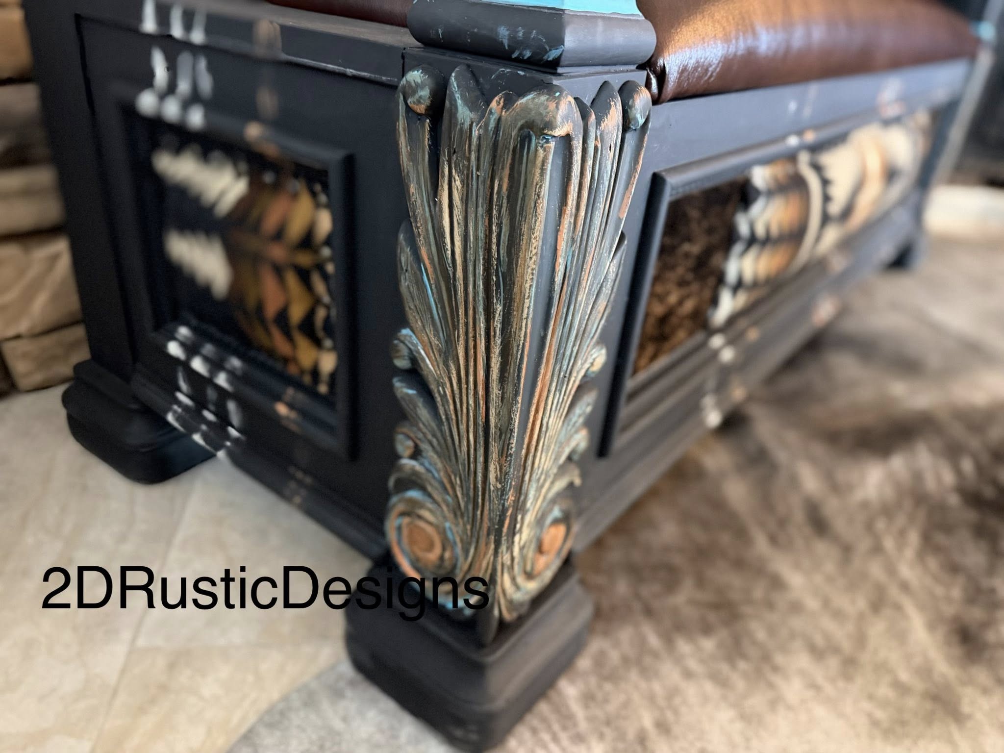 Wooden Rolled Arm Storage Bench Leather Seat