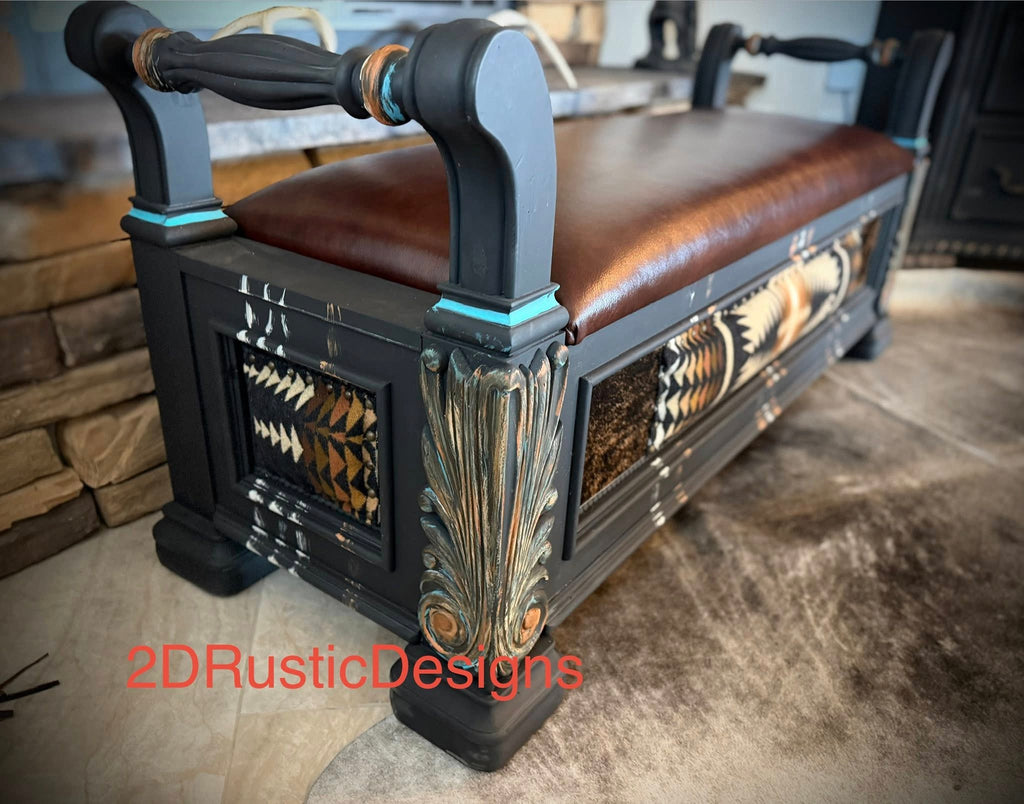 Wooden Rolled Arm Storage Bench Leather Seat