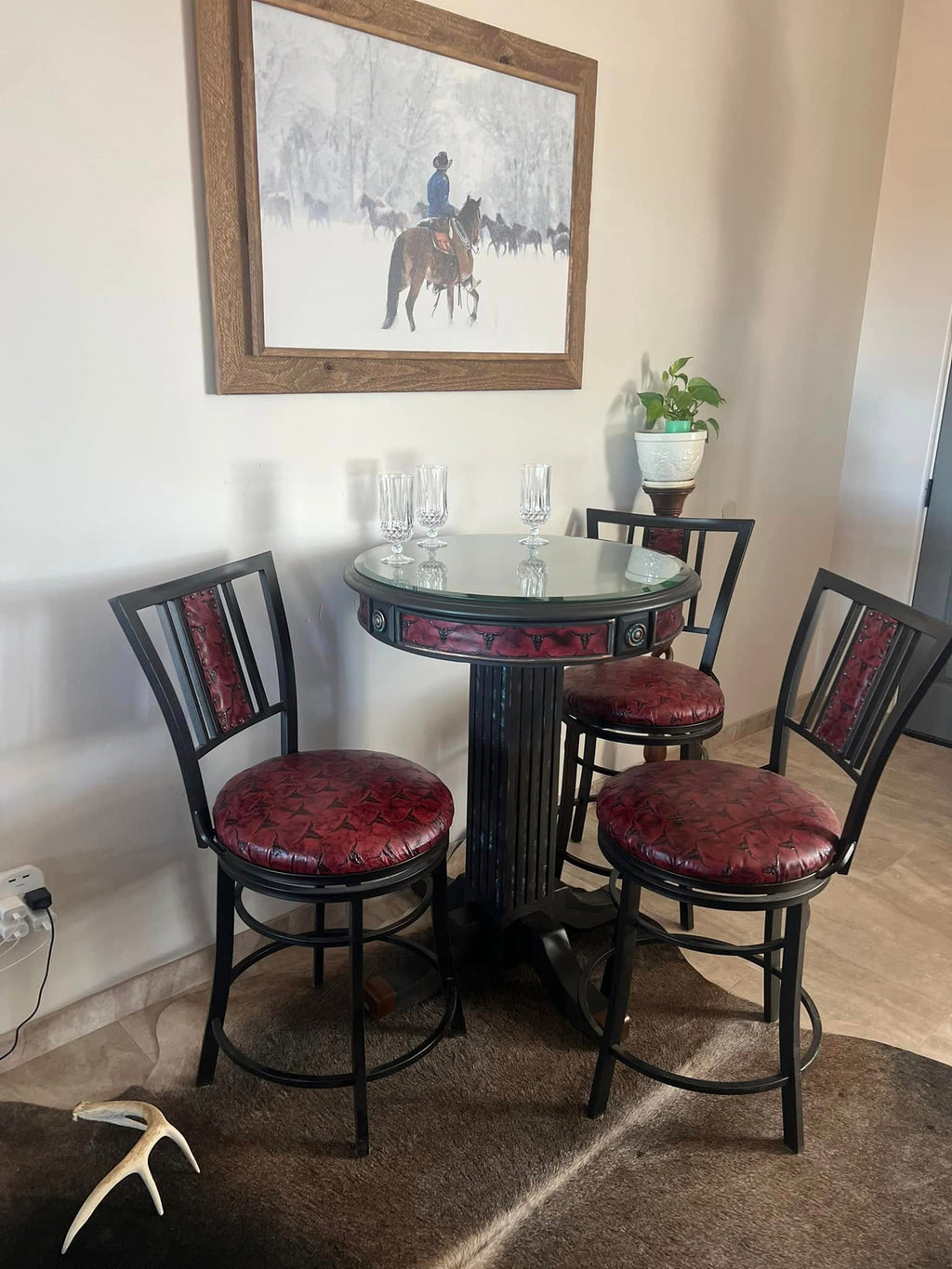 Red Longhorn Leather Pub table Western Bistro Table Set