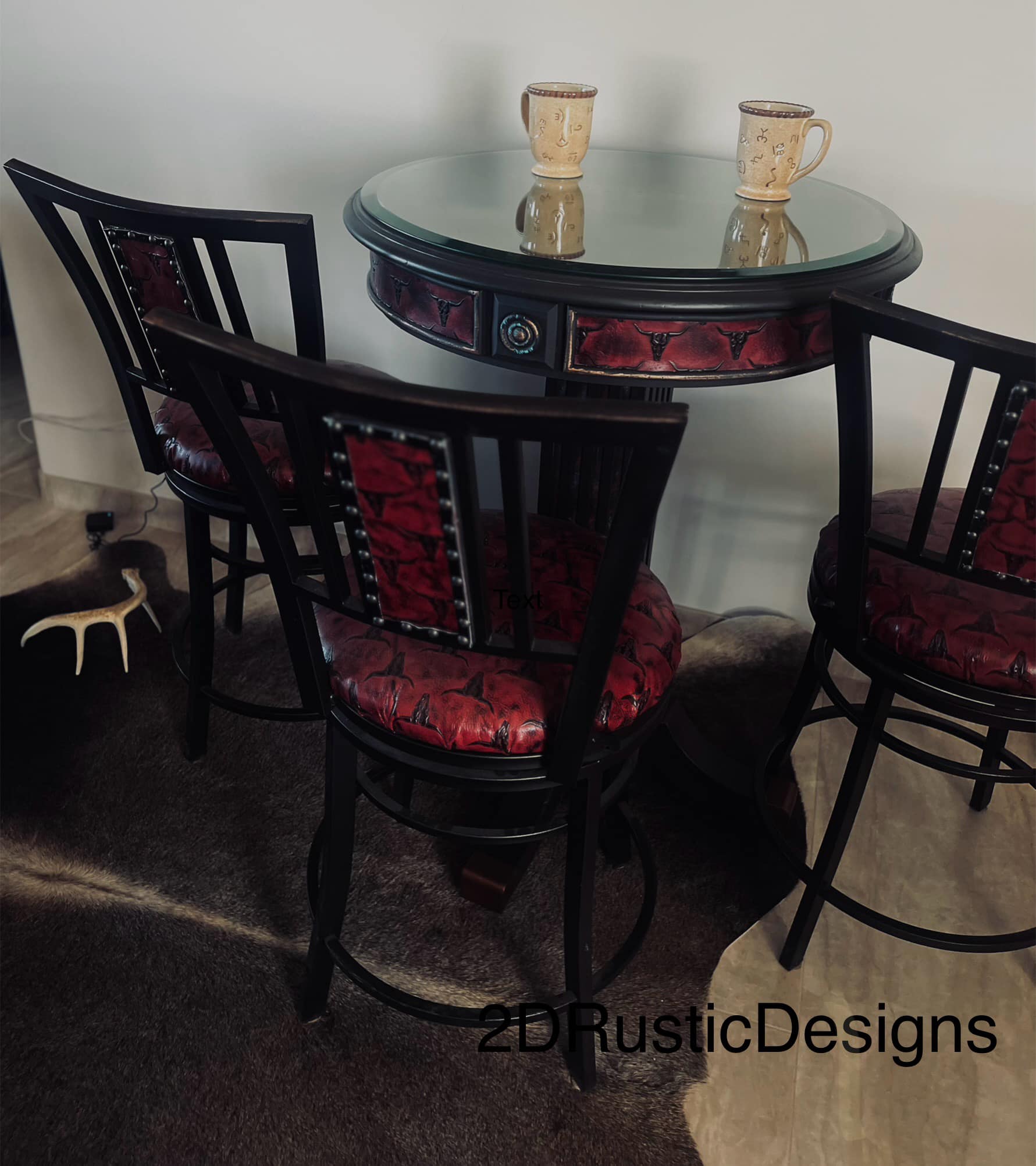 Red Longhorn Leather Pub table Western Bistro Table Set