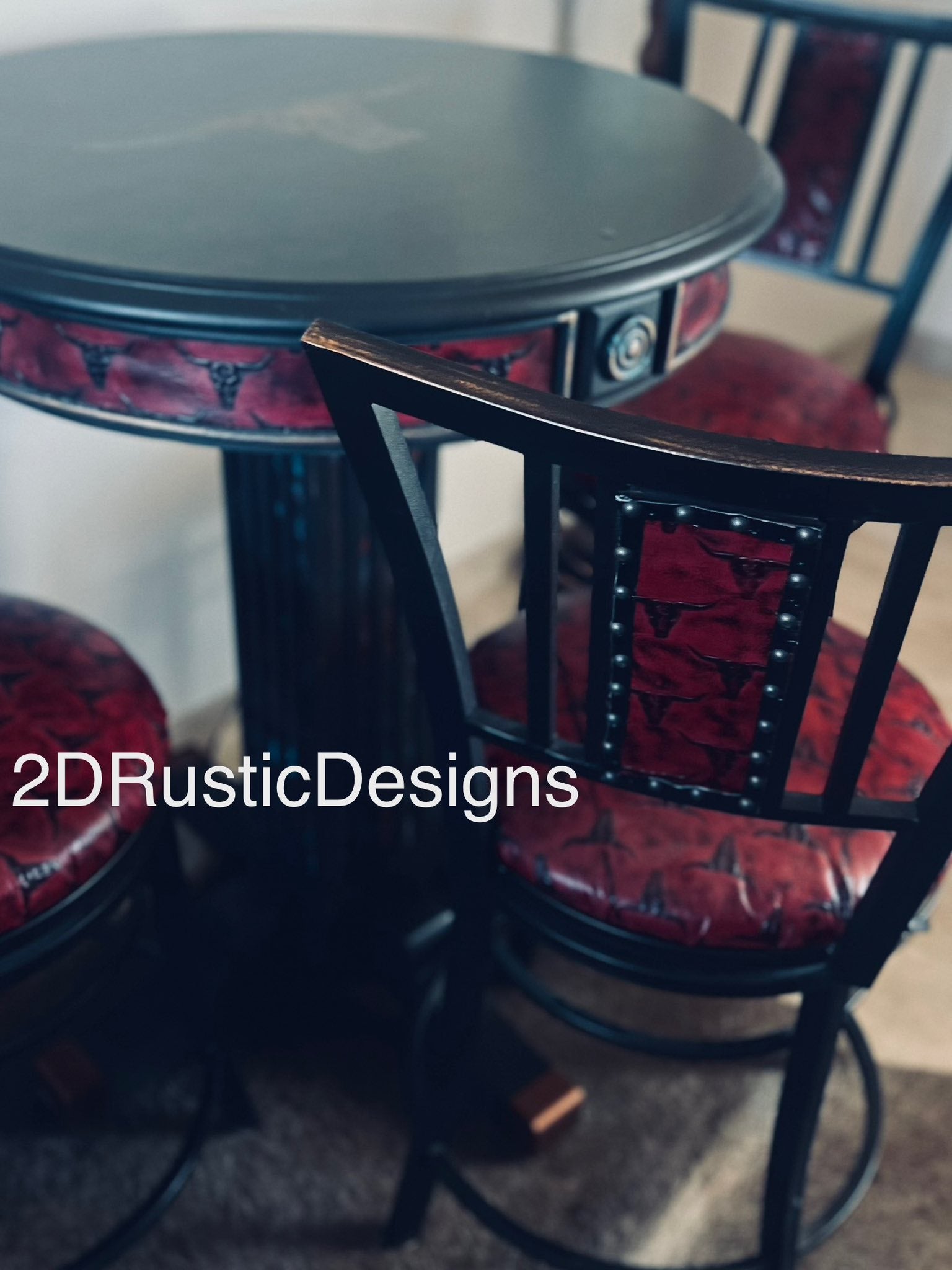 Red Longhorn Leather Pub table Western Bistro Table Set