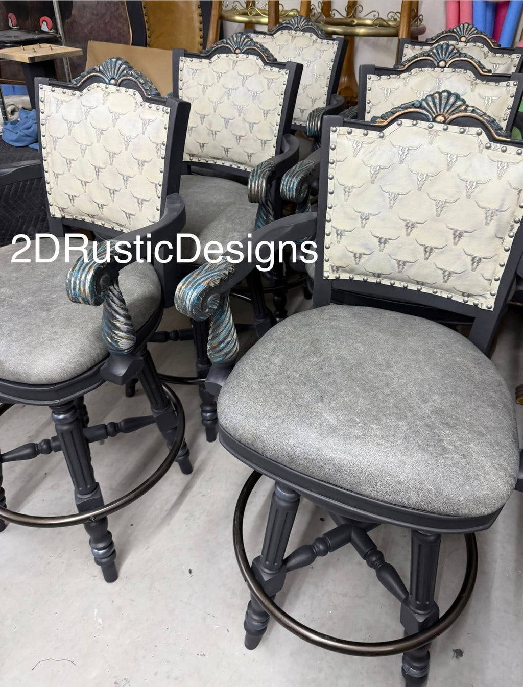 White Longhorn Leather and Brindle Cowhide Barstools