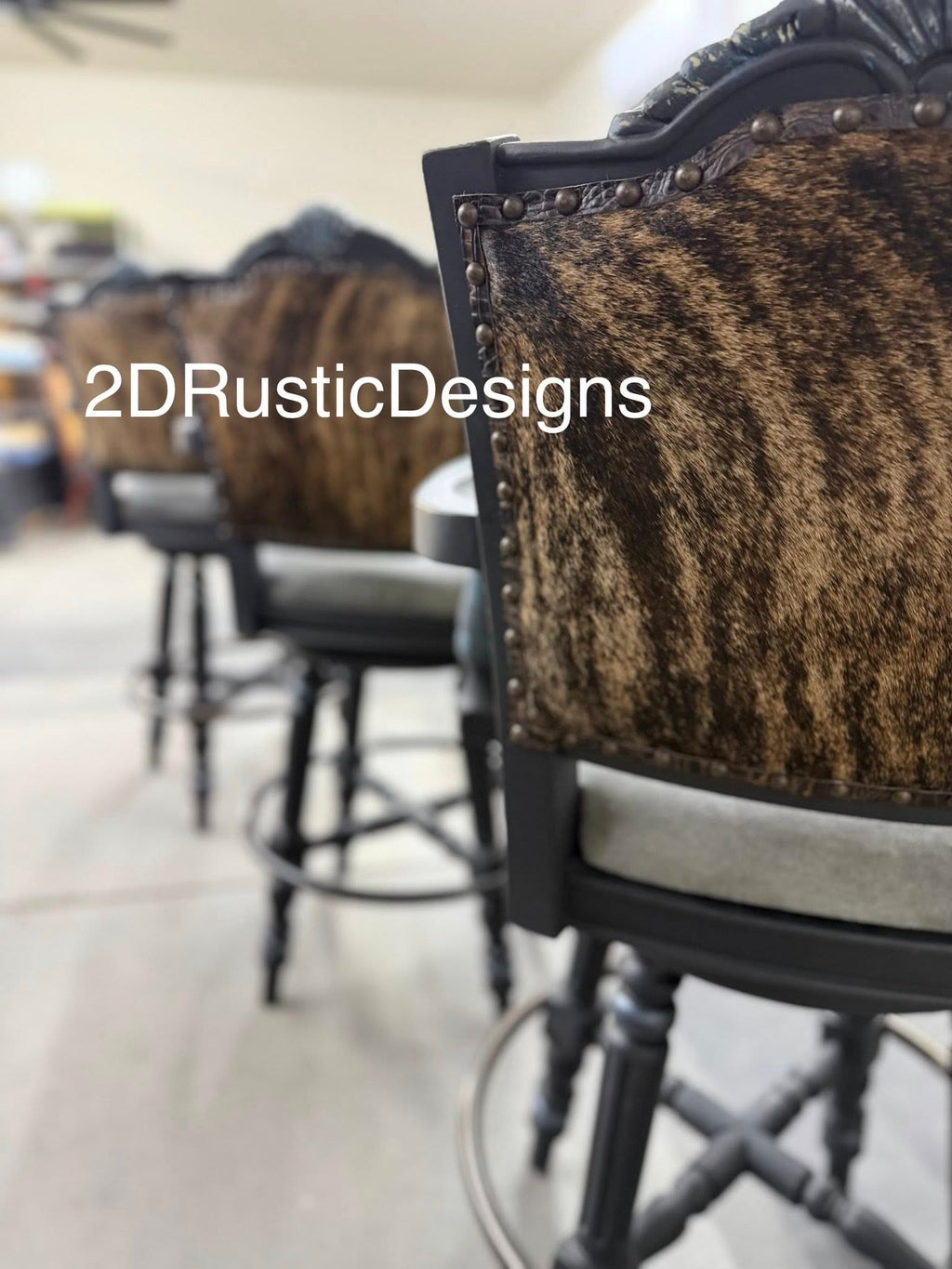 White Longhorn Leather and Brindle Cowhide Barstools