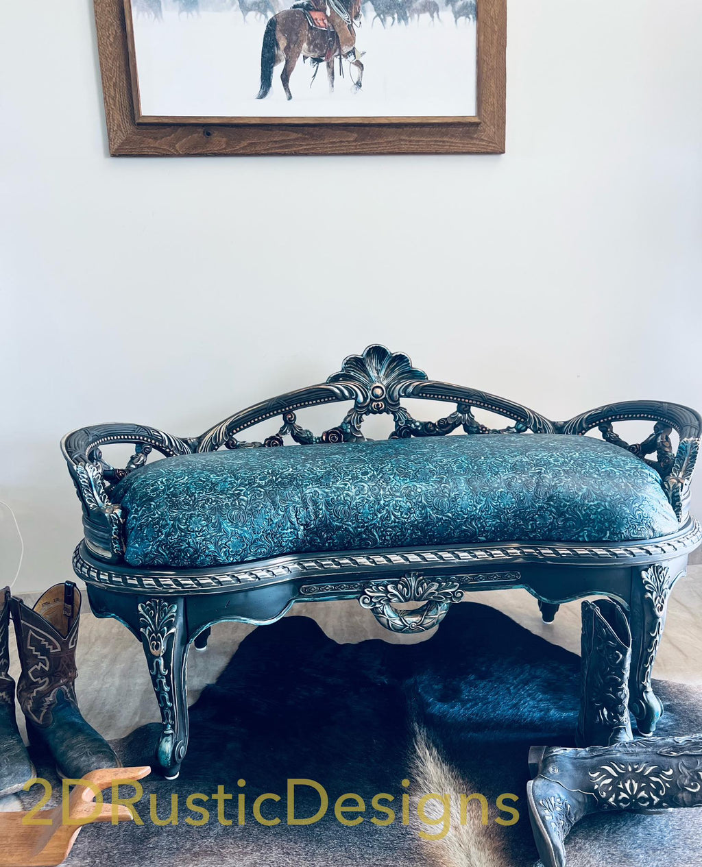 Decorative Bench with Turquoise Embossed Leather seat Loveseat