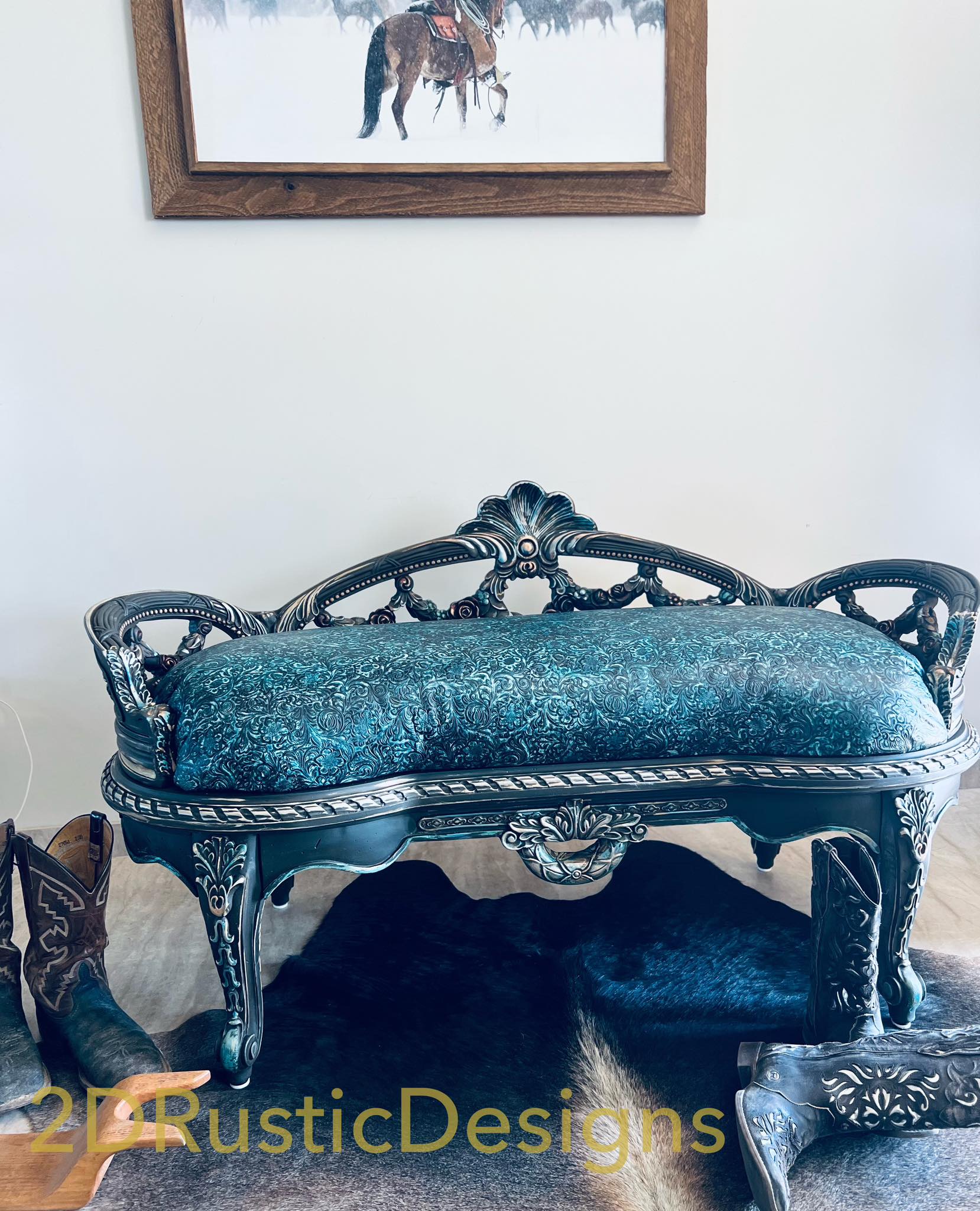 Decorative Bench with Turquoise Embossed Leather seat Loveseat