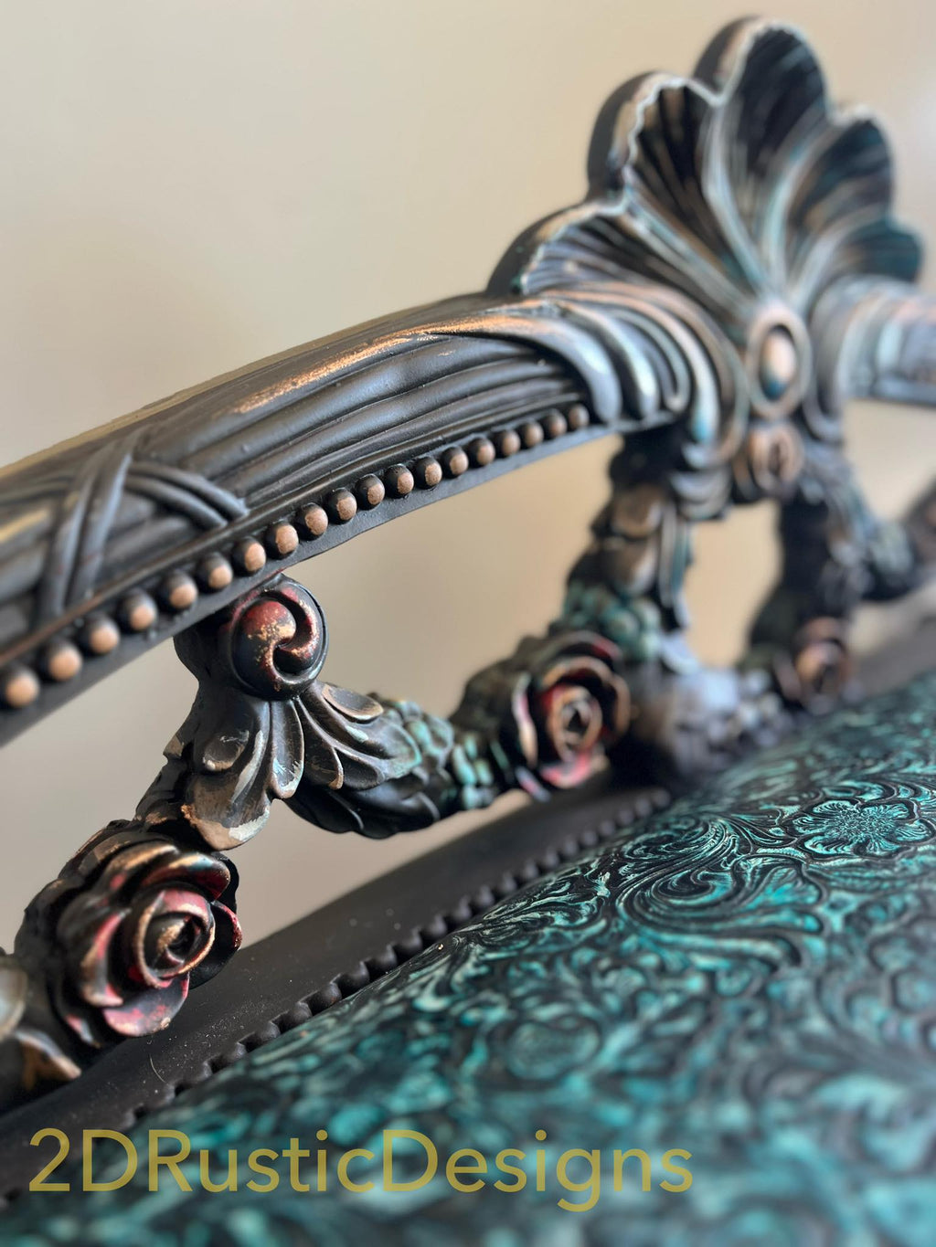 Decorative Bench with Turquoise Embossed Leather seat Loveseat