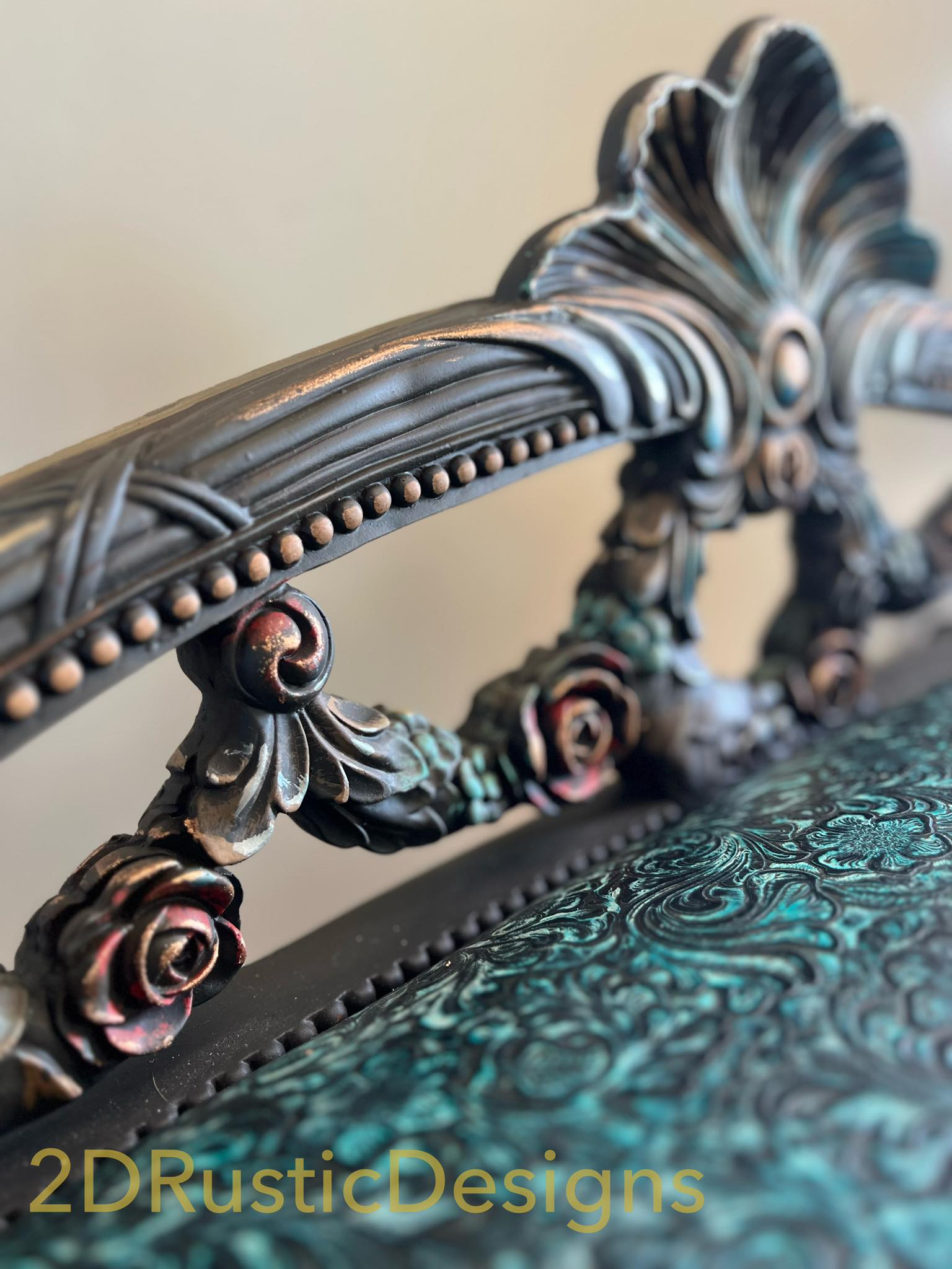 Decorative Bench with Turquoise Embossed Leather seat Loveseat