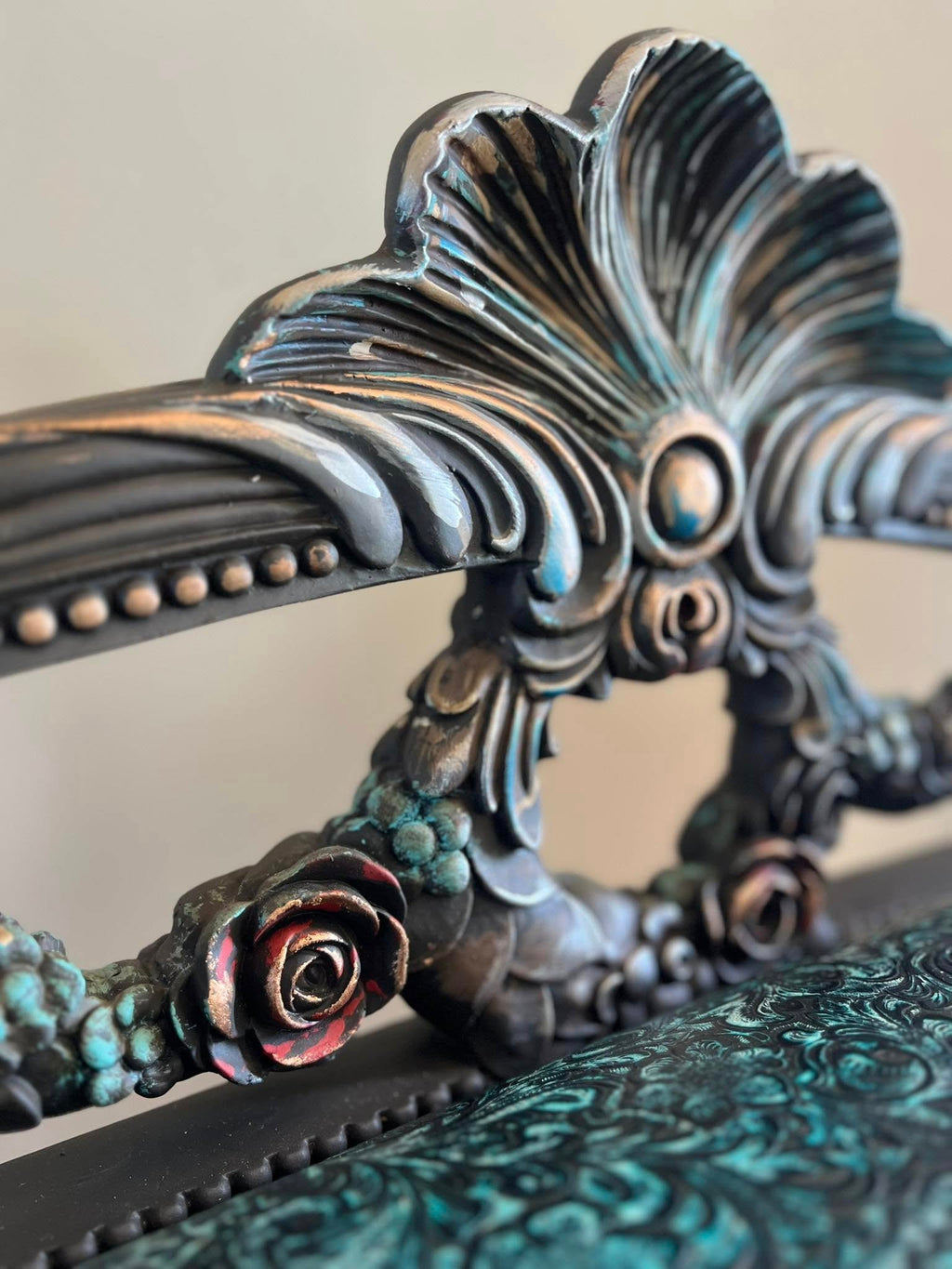 Decorative Bench with Turquoise Embossed Leather seat Loveseat