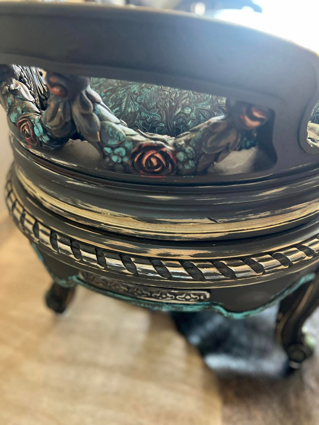 Decorative Bench with Turquoise Embossed Leather seat Loveseat