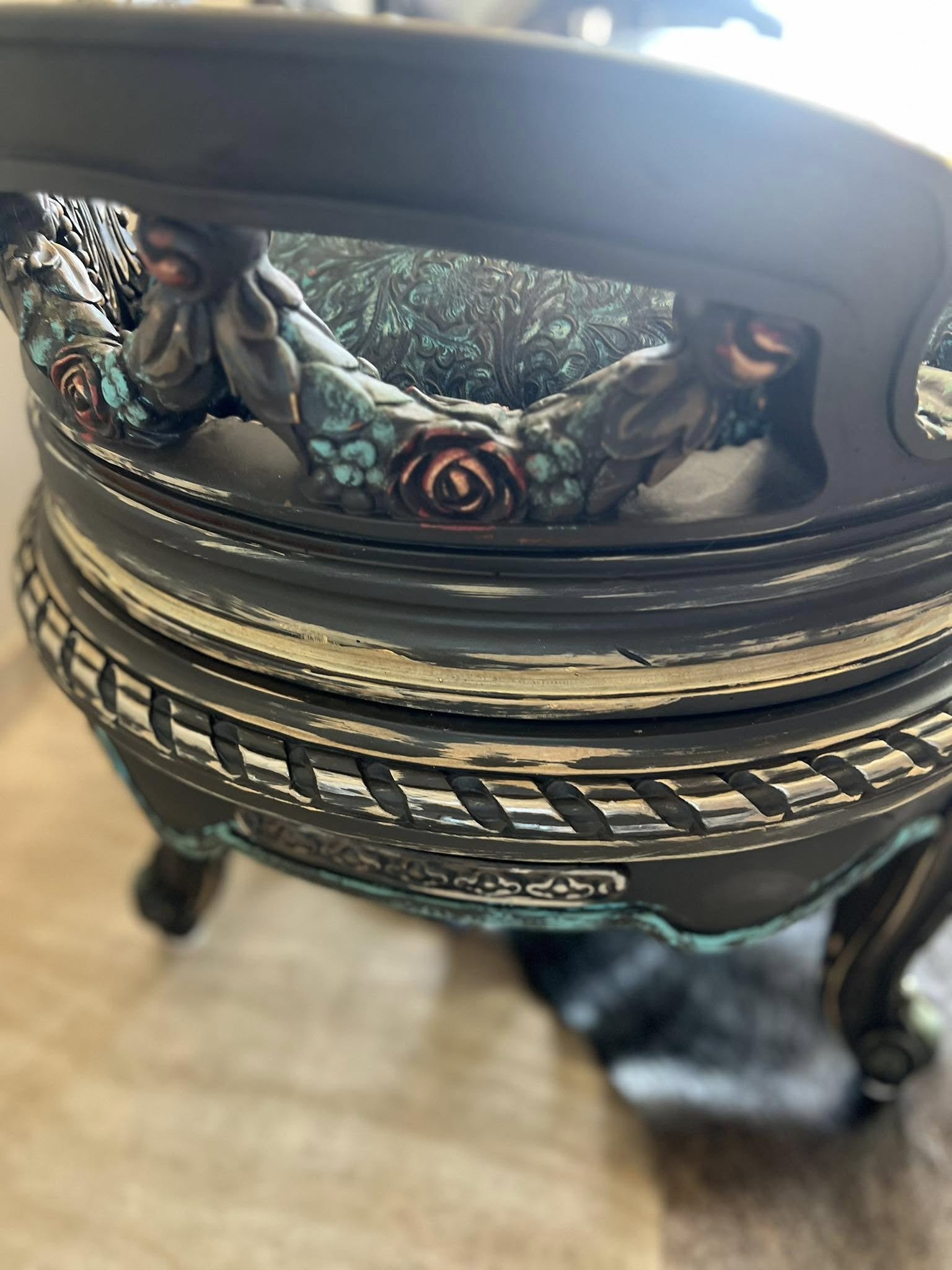 Decorative Bench with Turquoise Embossed Leather seat Loveseat
