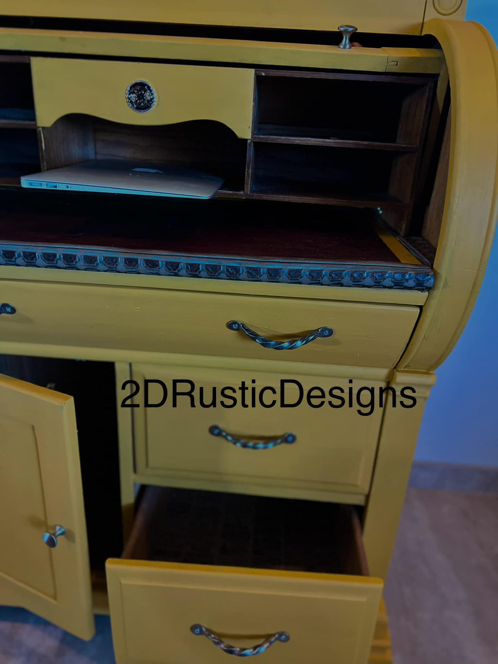 Yellow Sun Rise Small Vintage Wood Roll top Desk and Chair