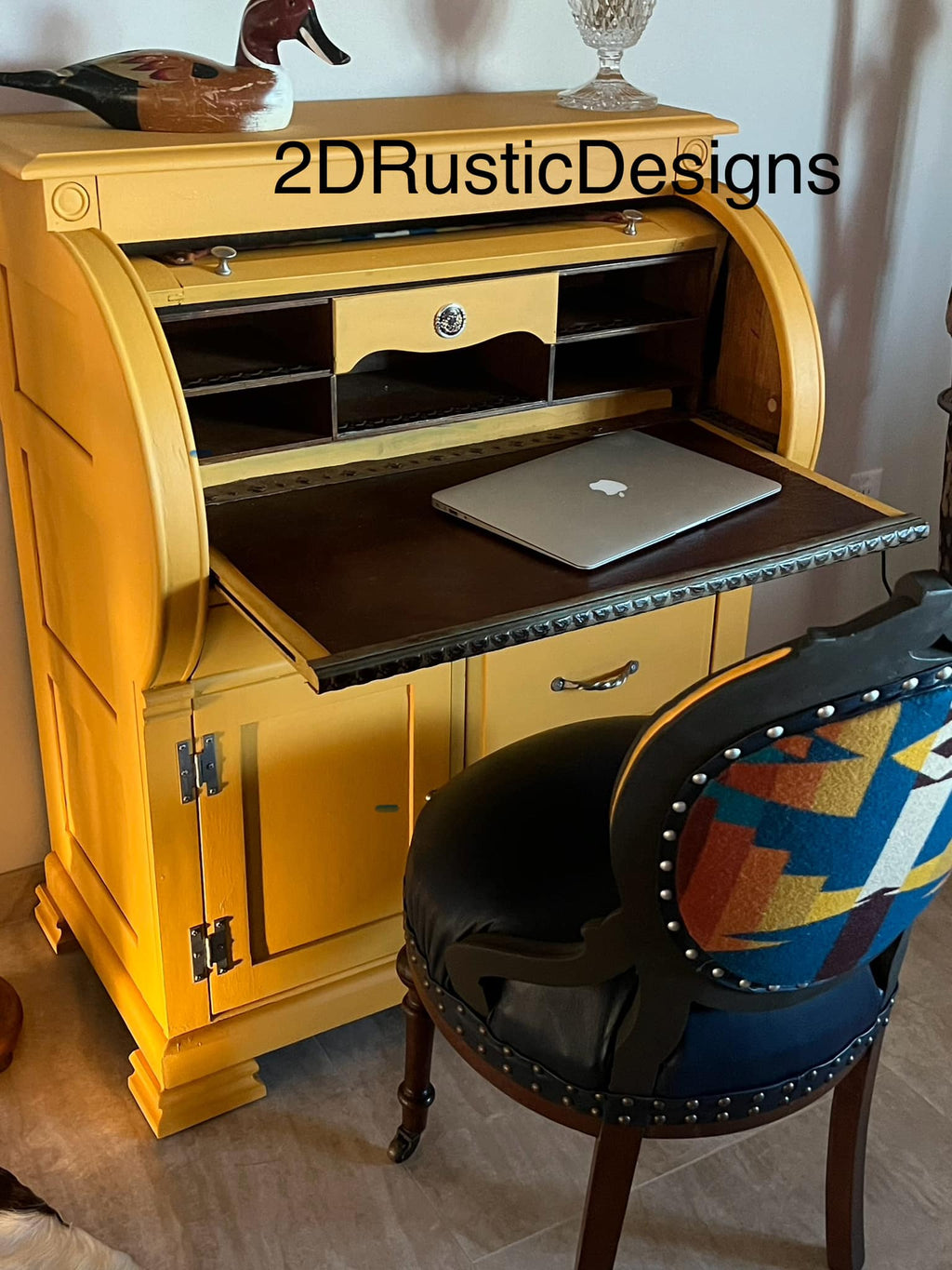 Yellow Sun Rise Small Vintage Wood Roll top Desk and Chair