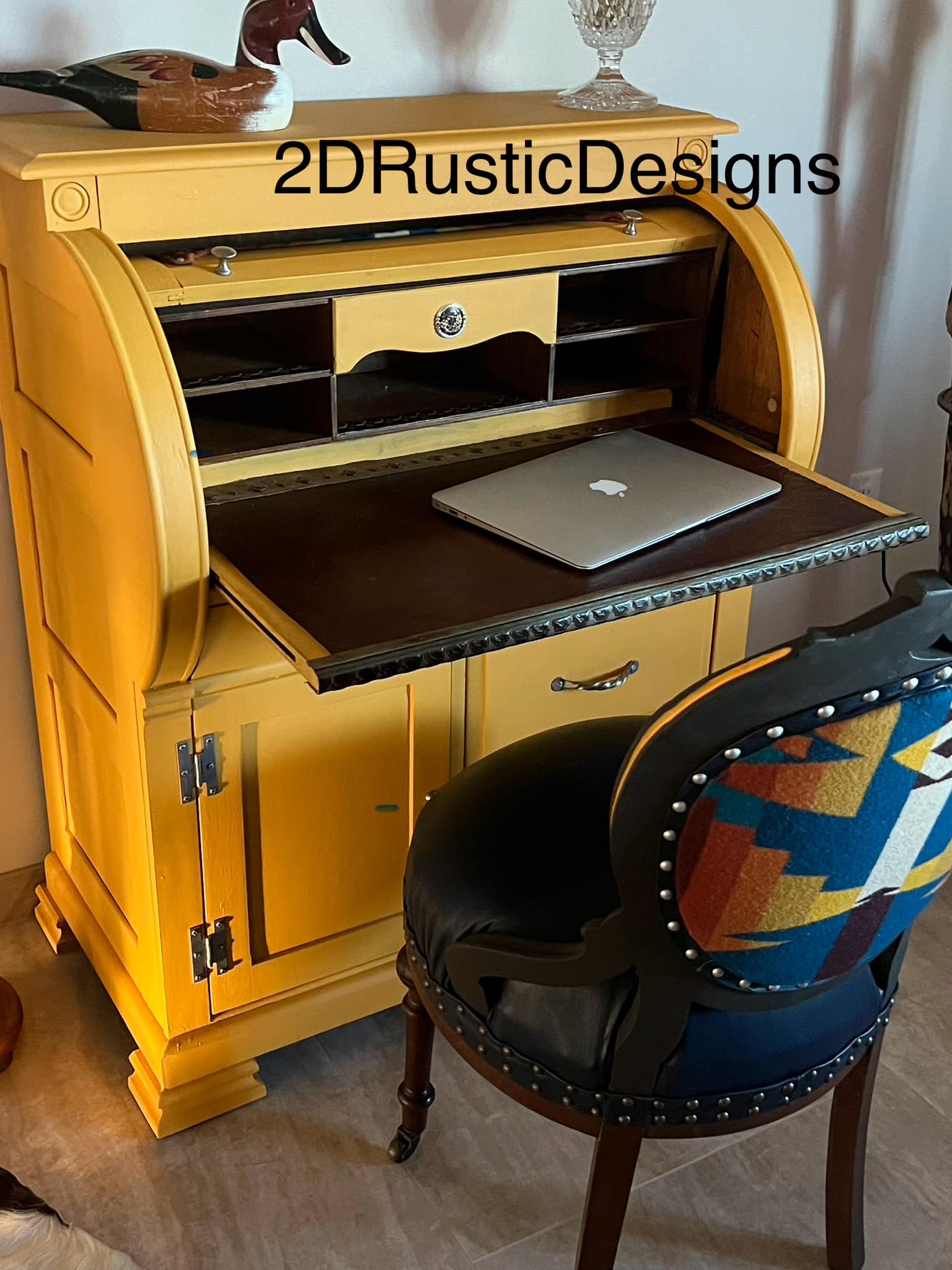 Yellow Sun Rise Small Vintage Wood Roll top Desk and Chair