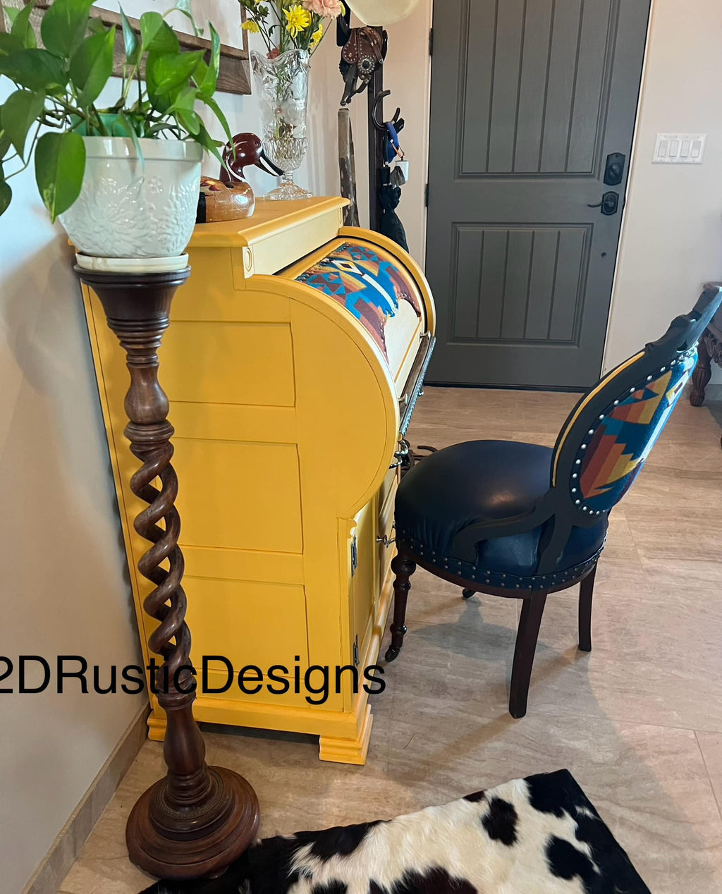 Yellow Sun Rise Small Vintage Wood Roll top Desk and Chair