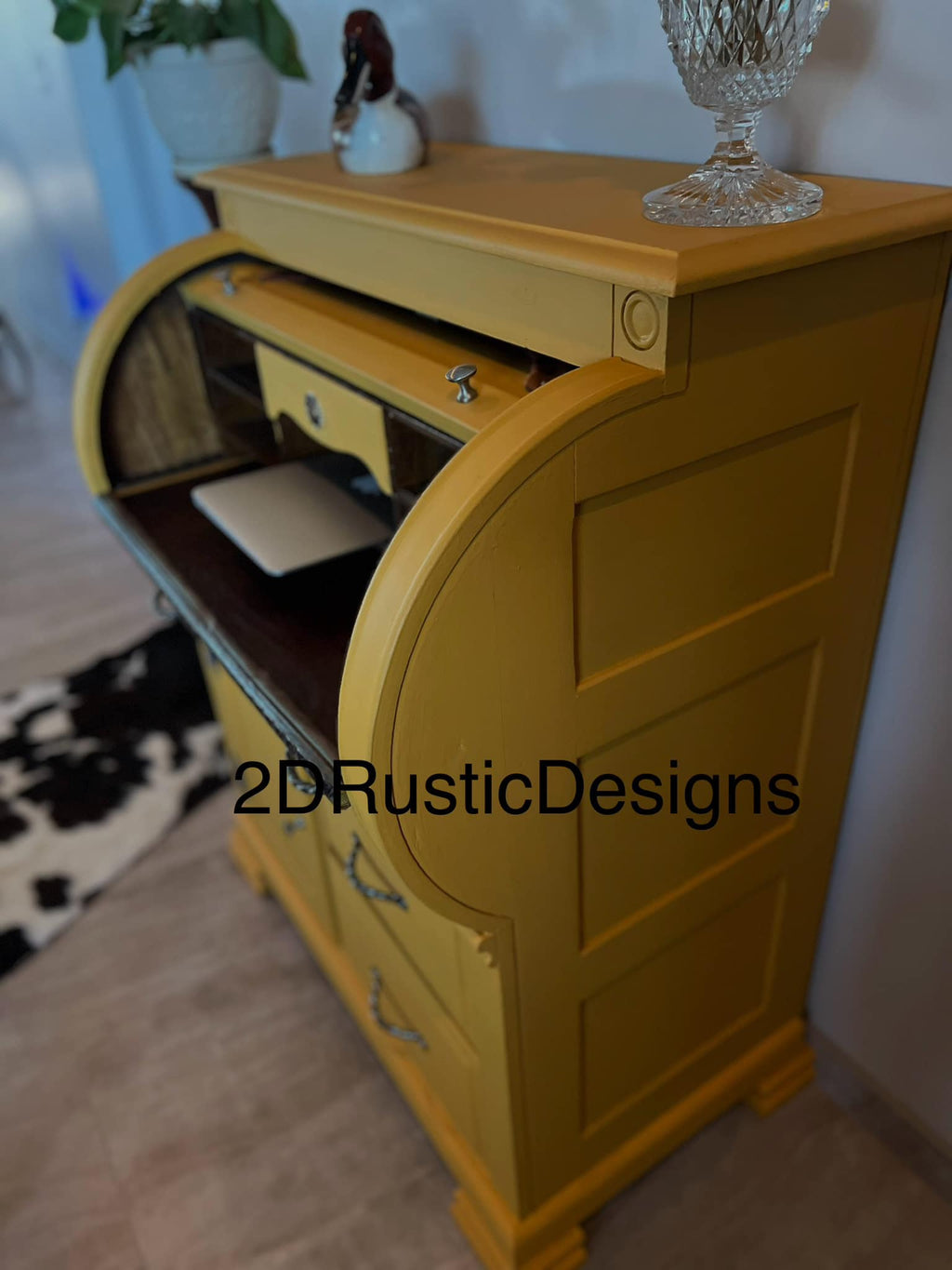 Yellow Sun Rise Small Vintage Wood Roll top Desk and Chair