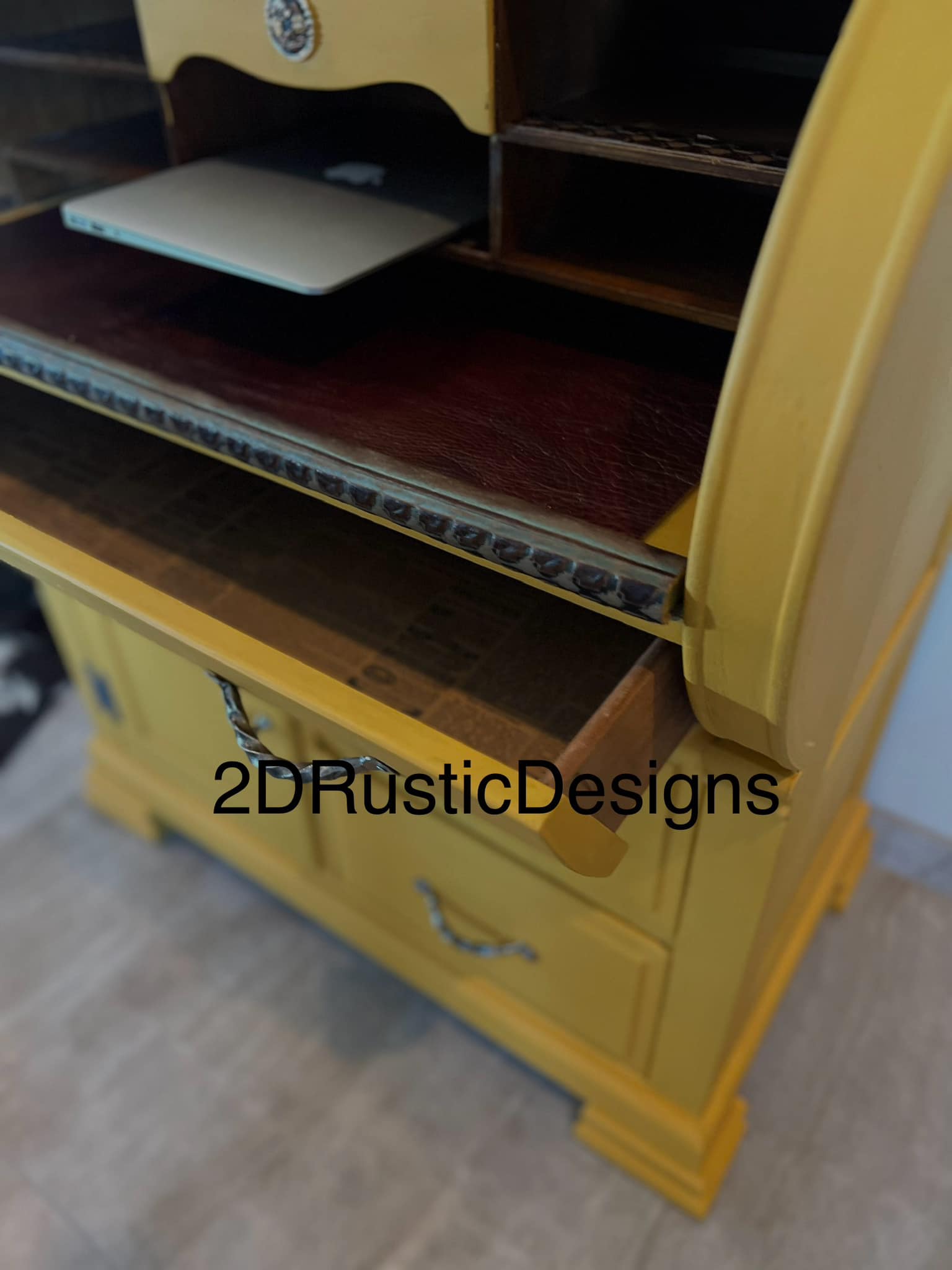 Yellow Sun Rise Small Vintage Wood Roll top Desk and Chair